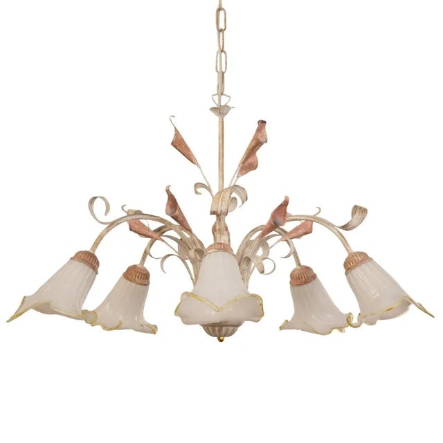 Suspension Chandelier with 5 Lights in White Murano Glass & Handmade Brass Structure, Italy, 1980s For Sale - Image 12 of 12