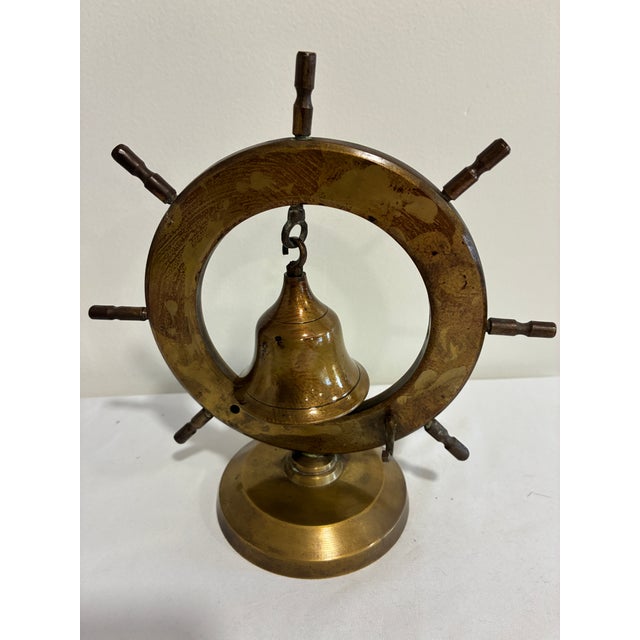 Brass Vintage Brass Ship Wheel Bell on Stand, Nautical Accent For Sale - Image 8 of 9