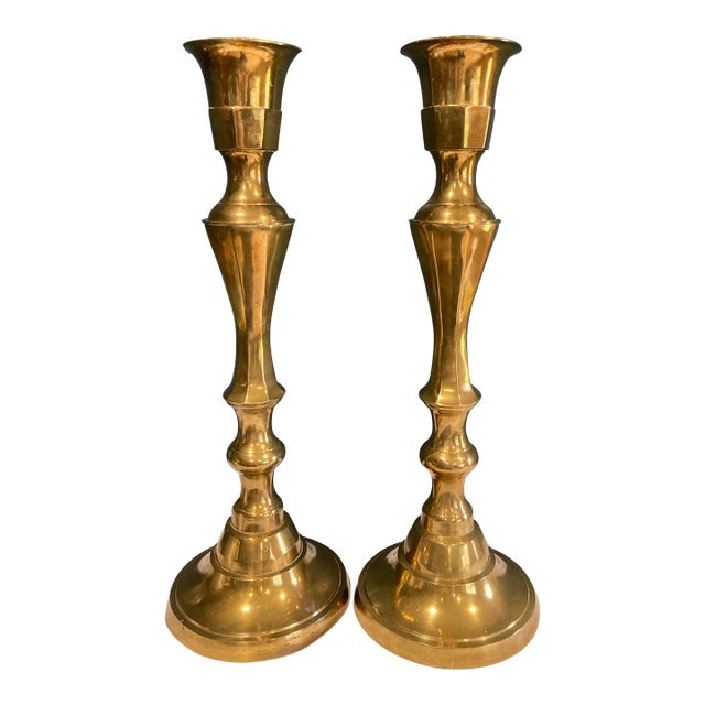 Mid-Century 2-Foot Tall Large Brass Candlesticks- a Pair For Sale