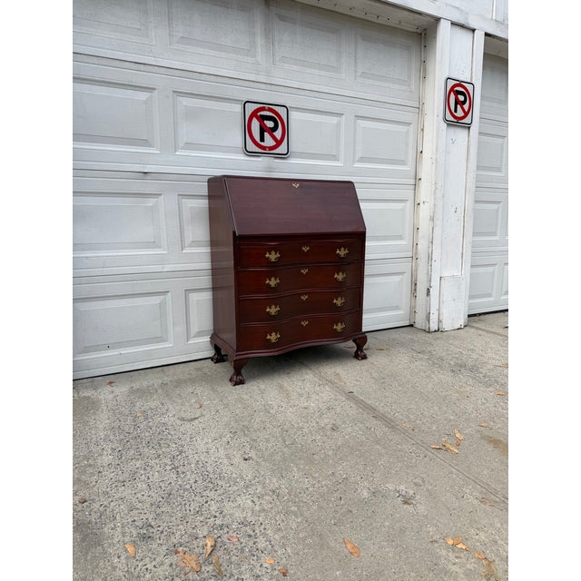 Chippendale Vintage Chippendale Style Mahogany Secretary Desk With Serpentine Drawers, Ball and Claw Feet & Drop Front For Sale - Image 3 of 12