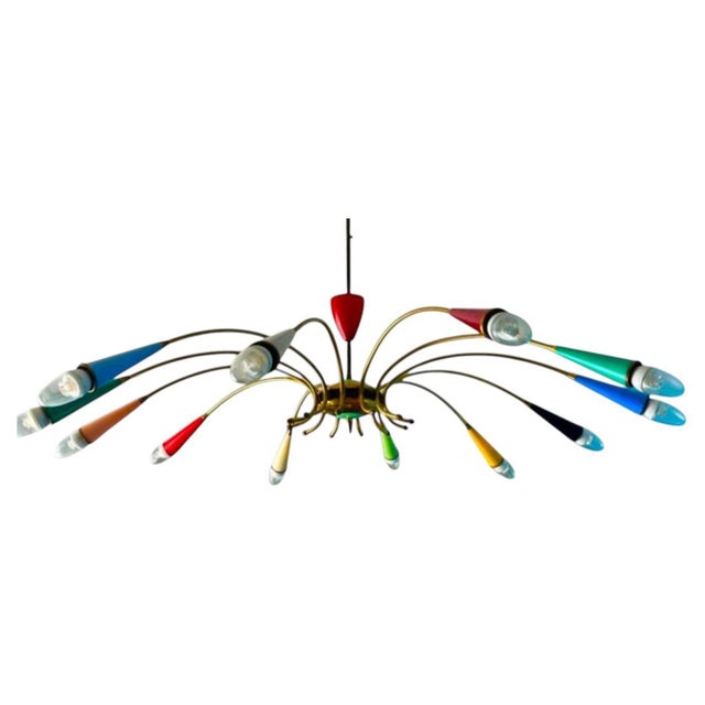 Large Italian 12 Arm Spider Chandelier in Brass attributed to Stilnovo, Milan, Italy, 1950s For Sale - Image 6 of 6