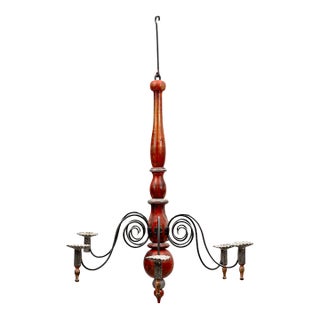 Early 20th Century Swedish Painted Wood & Wrought Iron Chandelier, 20th Century For Sale