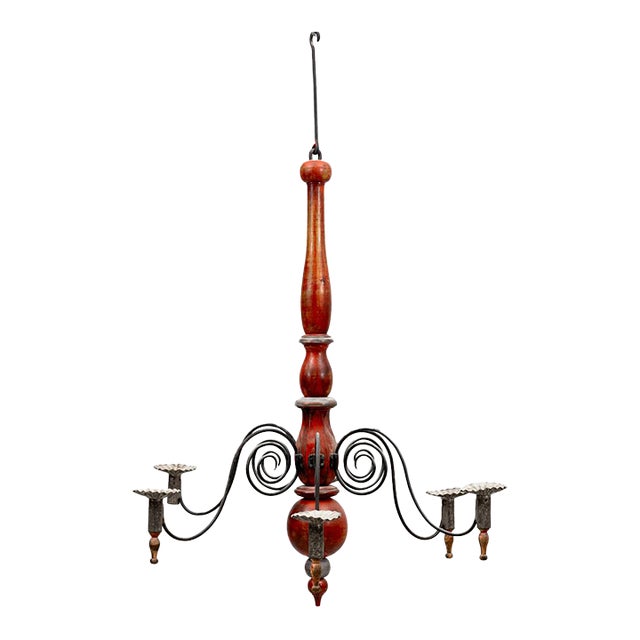 Early 20th Century Swedish Painted Wood & Wrought Iron Chandelier, 20th Century For Sale