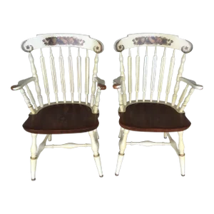 L. Hitchcock Ivory Slat Back Maple Arm Chairs - a Pair