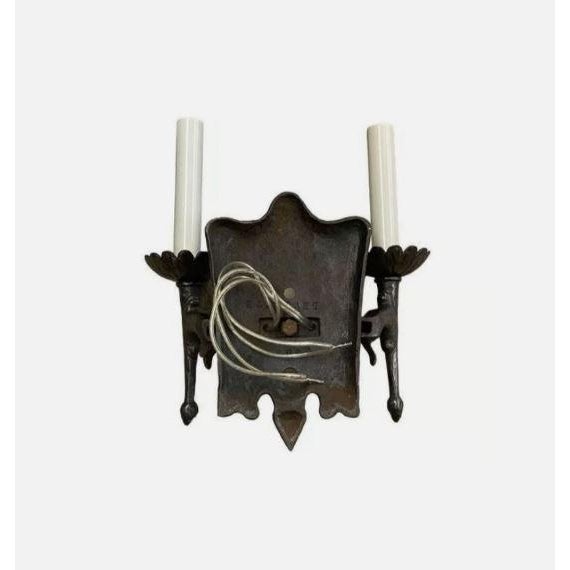 1920 Tudor Arts and Crafts Double Sconce Blackened Cast Iron by Levolite For Sale In Pittsburgh - Image 6 of 6