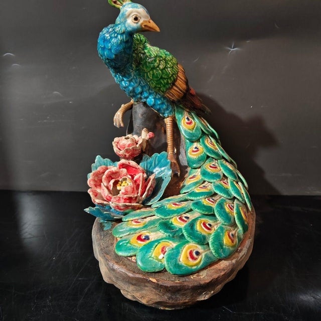 Art Deco 1. **Hand-Painted Ceramic Peacock Statue, Blue-Green-Yellow-Red Plumage, Floral Base** For Sale - Image 3 of 7