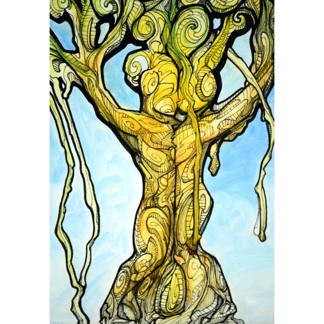 A vivid contemporary street art style painting of an abstracted tree with two embracing figures creating the trunk by...