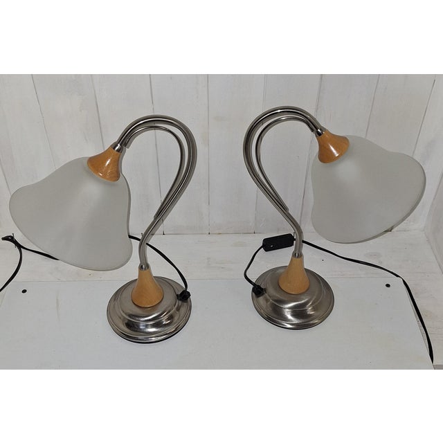 Vintage Table Lamps in Metal Frame with Beechwood and White Glass Shade, 1990s, Set of 2 For Sale - Image 6 of 7