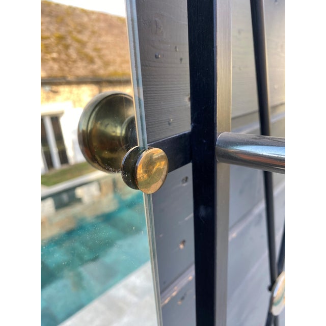 Beautiful wall-mounted entryway coat rack, Coat rack and mirror, Black metal frame Brass hooks Mirrored shelf Width 64cm...