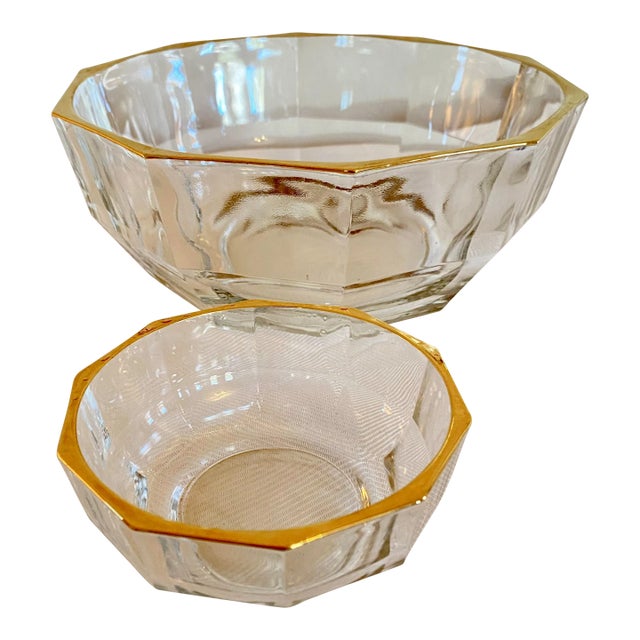 1970s Italian Faceted Crystal Serving Bowls With Gold Trim, Set of 2 For Sale