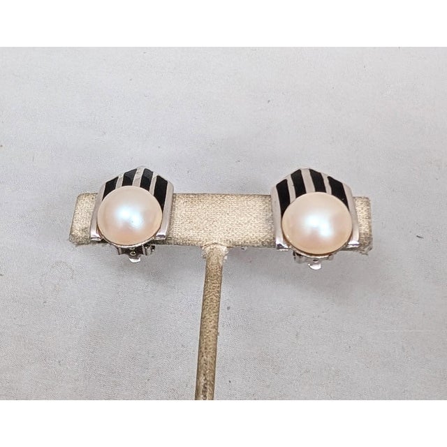 Art Deco Vintage 1980s Signed Givenchy Art Deco Style Striped Faux-Pearl Clip Earrings-2 Pieces For Sale - Image 3 of 7