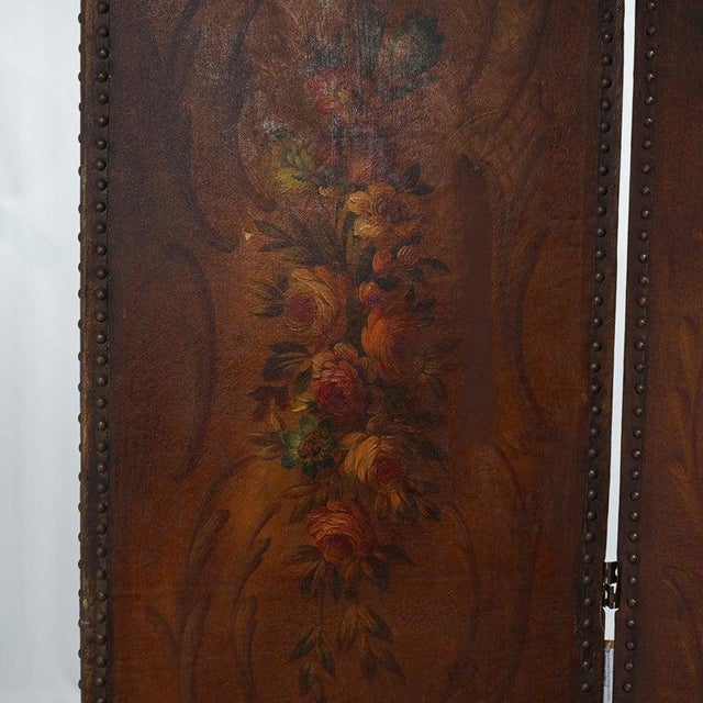 Brown Arts & Crafts Polychromed Leather Folding Screen With Floral Design C1920 For Sale - Image 8 of 11