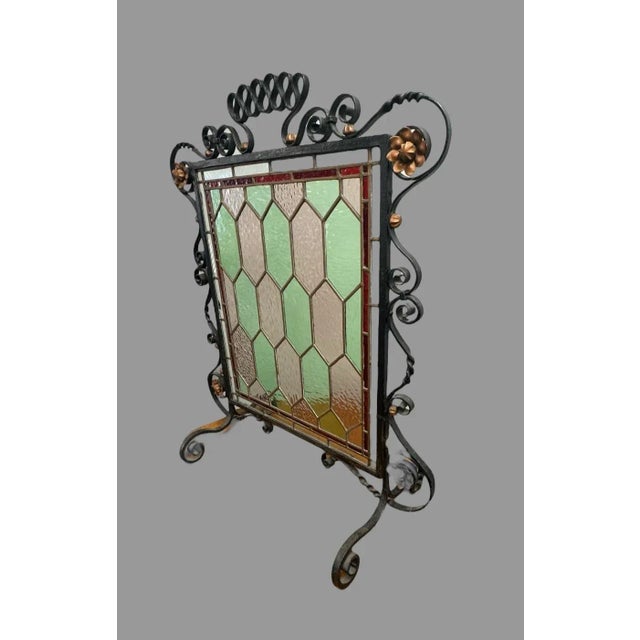 Metal Antique Wrought Iron & Leaded Glass Fire Screen For Sale - Image 7 of 8