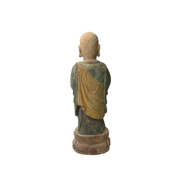 Chinese Chinese Rustic Wood Standing Prayer Hands Lohon Monk Statue For Sale - Image 3 of 7