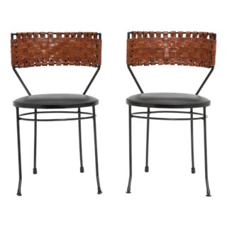 Arthur Umanoff Wrought Iron Dining Chairs Woven Leather Backs Shaver Howard Paper Label a Pair For Sale