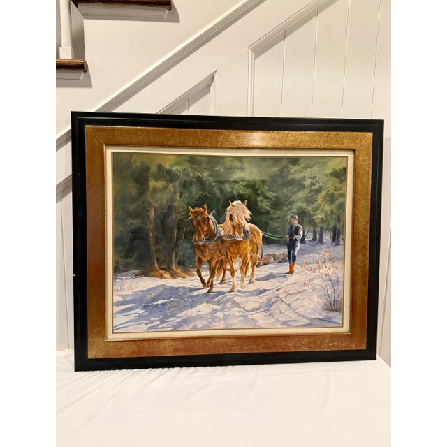 A beautifully rendered original watercolor by Canadian artist M.S. Martin (SCA), depicting a pair of draft horses pulling...