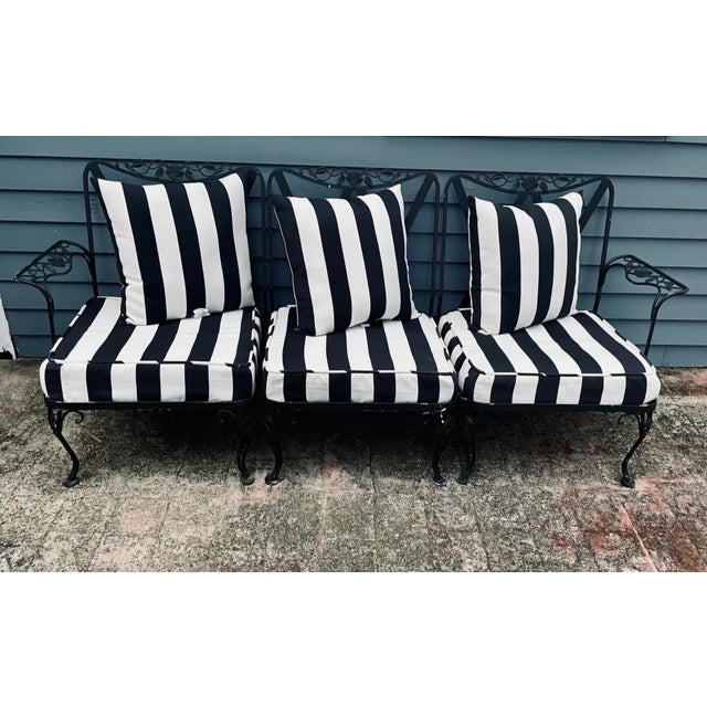 Russell Woodard Vintage Woodard Outdoor Patio Sofa with Striped Cushions & Pillows For Sale - Image 4 of 10