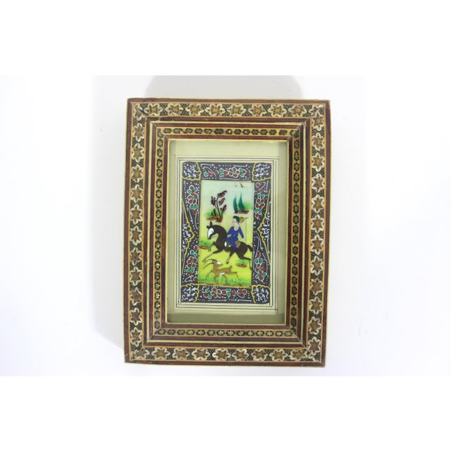 Early 20th Century Vintage Miniature Hunting Painting in Persian Khatam Picture Frame With Bone, Wood and Brass Inlay, Table Top Easel Inlaid For Sale - Image 5 of 12