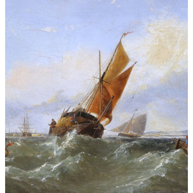 19th Century English Marine Oil Painting of Fishing Vessels in Rough Seas For Sale - Image 4 of 12