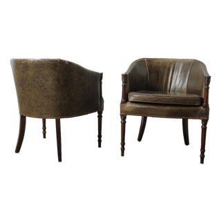 Pair of Vintage Green Leather Barrel Chairs With Turned Wood Legs Nailhead Trim For Sale
