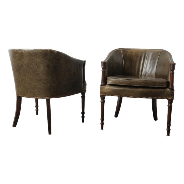 Pair of Vintage Green Leather Barrel Chairs With Turned Wood Legs Nailhead Trim For Sale