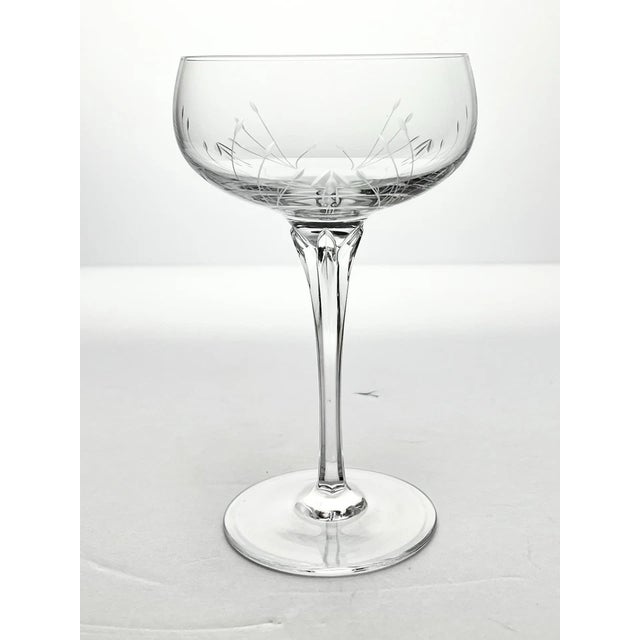 Contemporary 1980s Gorham “Jolie” Set of 7 Crystal Etched Coupe Champagne Glasses For Sale - Image 3 of 7