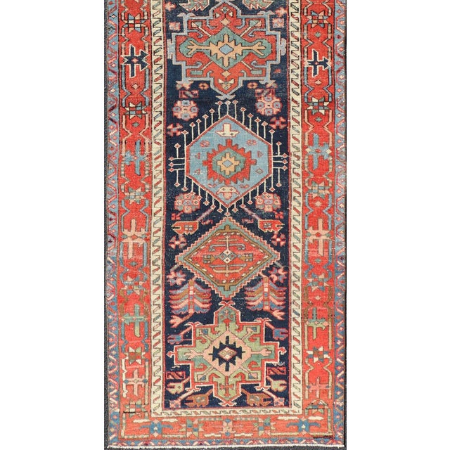 Textile Antique Heriz Serapi Runner With Colorful Highly Stylized Medallion Design For Sale - Image 7 of 13