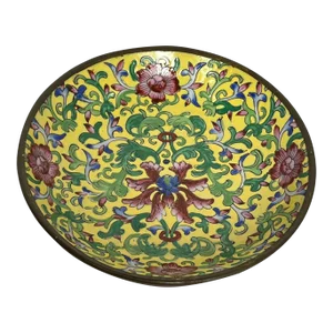 Japanese Famille Rose Jaune Porcelain Brass Lined Bowl