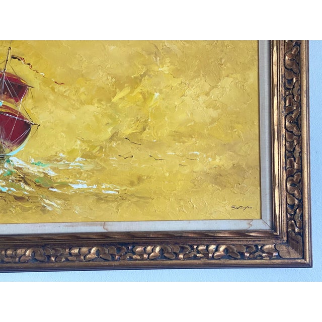 Nautical Large Vintage Original Oil Painting by Rj Fowles Wwii Veteran Red Sailing Ship Yellow Ocean Background Framed and Matted For Sale - Image 3 of 11