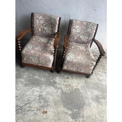 Vintage Floral and Birds Armchairs with Barley Twist Wood, Set of 2 For Sale - Image 3 of 9