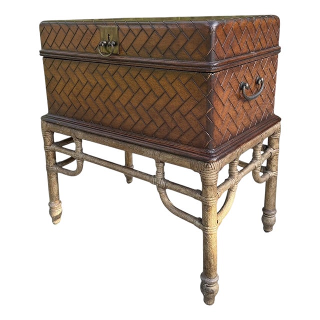 Vintage Faux Bamboo Leather Wrapped Storage Chest End Table Attributed to Maitland-Smith For Sale