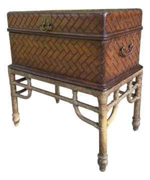 Vintage Faux Bamboo Leather Wrapped Storage Chest End Table Attributed to Maitland-Smith