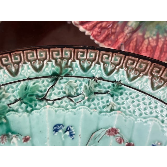 Turquoise Antique Villeroy & Boch Majolica Fan Bowl, C. 1900 For Sale - Image 8 of 9