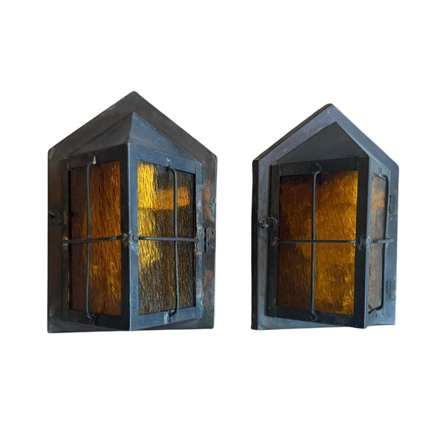 Metal Antique Copper Porch Lights With Original Verdigris Patina and Amber Glass For Sale - Image 7 of 8