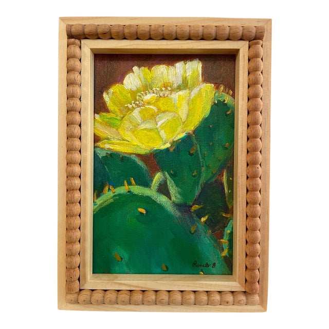Blooming Cactus With Yellow Flowers – Framed Desert Painting by Pamela Baumann For Sale