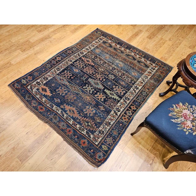 Antique Caucasian Shahsavan Tribal Rug, Hand-Knotted Wool, Geometric Pattern, Navy & Green, 5x6 For Sale - Image 4 of 16