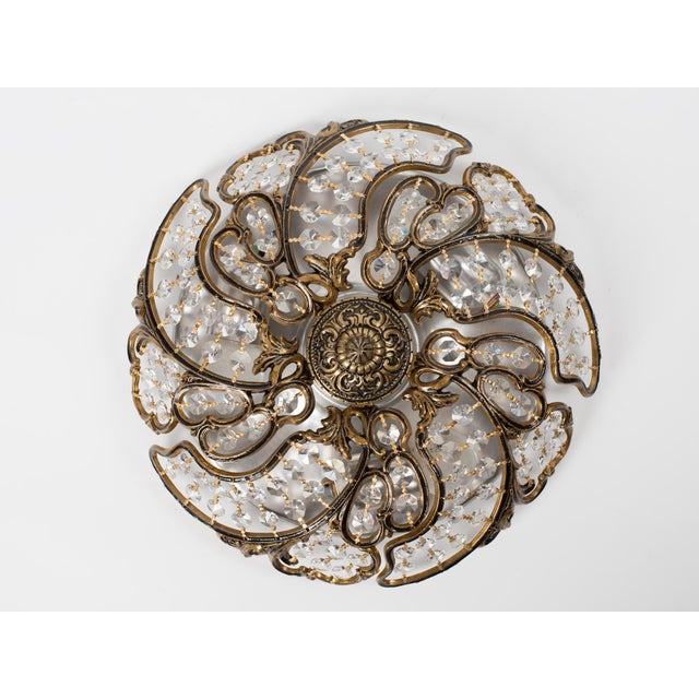 French 1950s Brass & Crystal Flush Mount Ceiling Light For Sale - Image 3 of 12