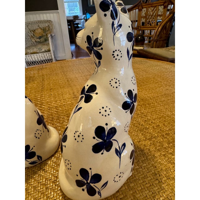 Early 20th Century Blue & White Faience Style Ceramic Cats- a Pair For Sale - Image 6 of 10