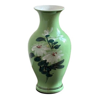 1950s Mint Green Floral Ceramic Vase For Sale