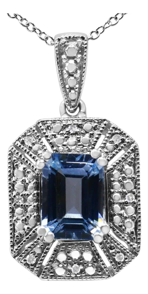 .925 Sterling Silver Blue Topaz and Diamond Accent Art Deco Style 18" Pendant Necklace (I-J Color, I1-I2 Clarity)