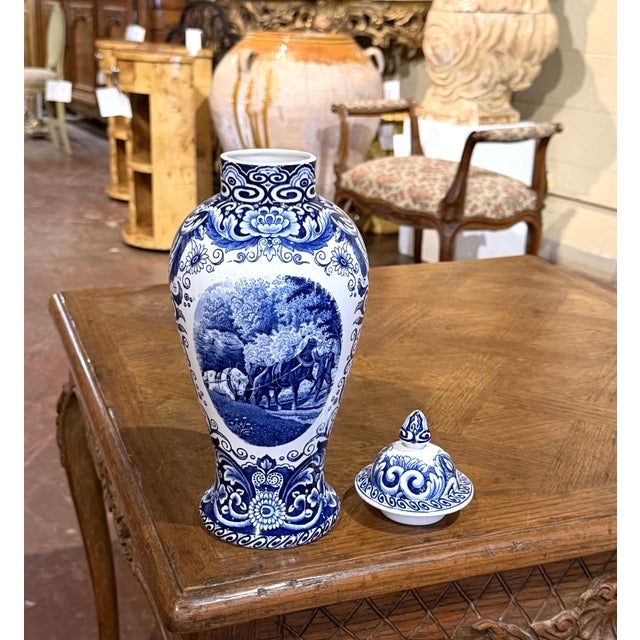 Traditional Mid-Century Dutch Delft Blue and White Lidded Ceramic Vase by Maastricht For Sale - Image 3 of 9