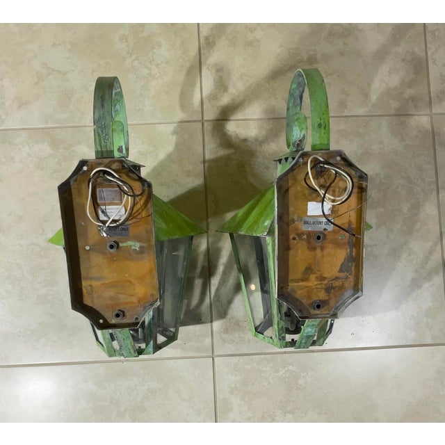 Green Pair of Vintage Solid Brass Wall Lantern For Sale - Image 8 of 12
