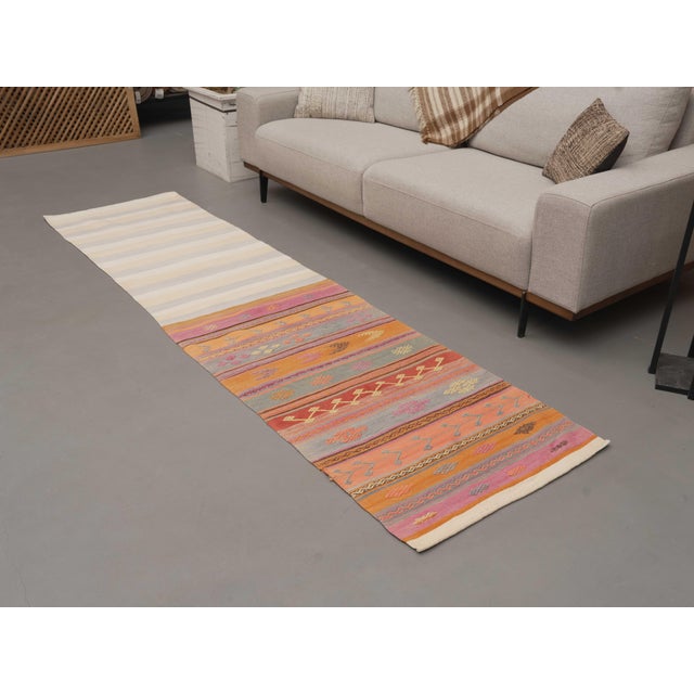 1970s Vintage Handmade Wool Cotton White Orange Area Rug For Sale - Image 11 of 11