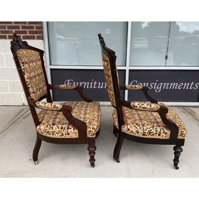 Pair of Antique Eastlake Walnut Parlor Chairs With Floral Upholstery For Sale - Image 4 of 15