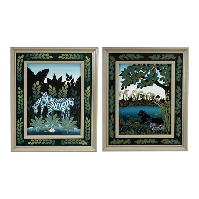 Pair of Jungle Paintings With Animals by Ruth Schindler For Sale