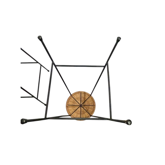 Pair Mid Century Modern Attributed to Arthur Umanoff Style Black Iron and Wicker Bar Counter Stools For Sale - Image 15 of 17