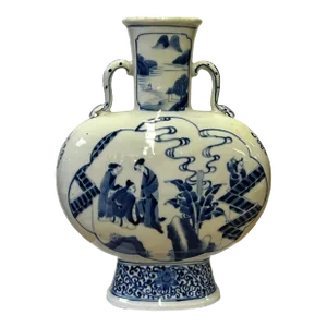 Chinese Blue White Porcelain Oval Flat Body People Theme Vase