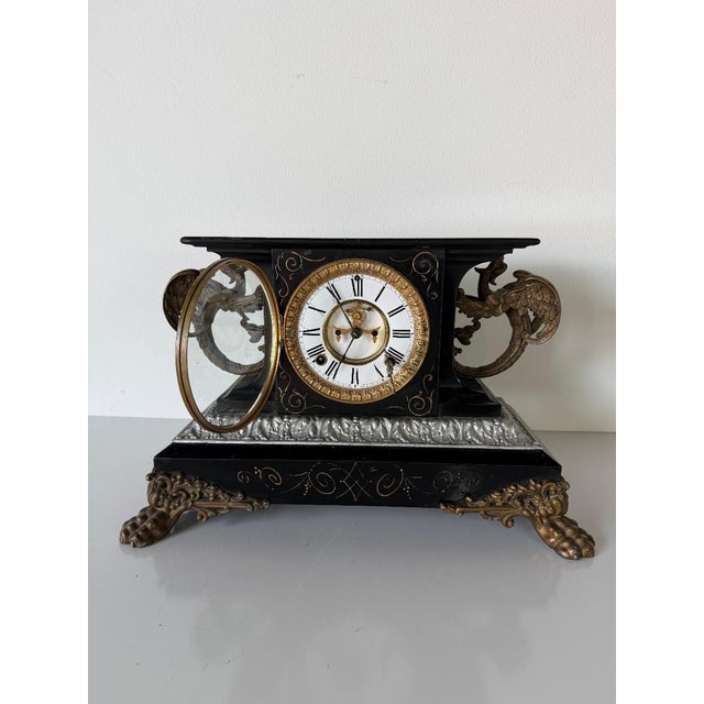 Mid-Century Modern Antique Ansonia “Belgium” Mantel Clock With Gargoyle Mounts, Claw Feet & Original Key For Sale - Image 3 of 17