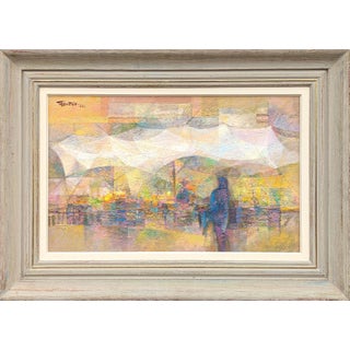 Romeo Tabuena "Market Tents" Modern Abstract Pastel Toned Cubist Style Street Scene, 1971 For Sale