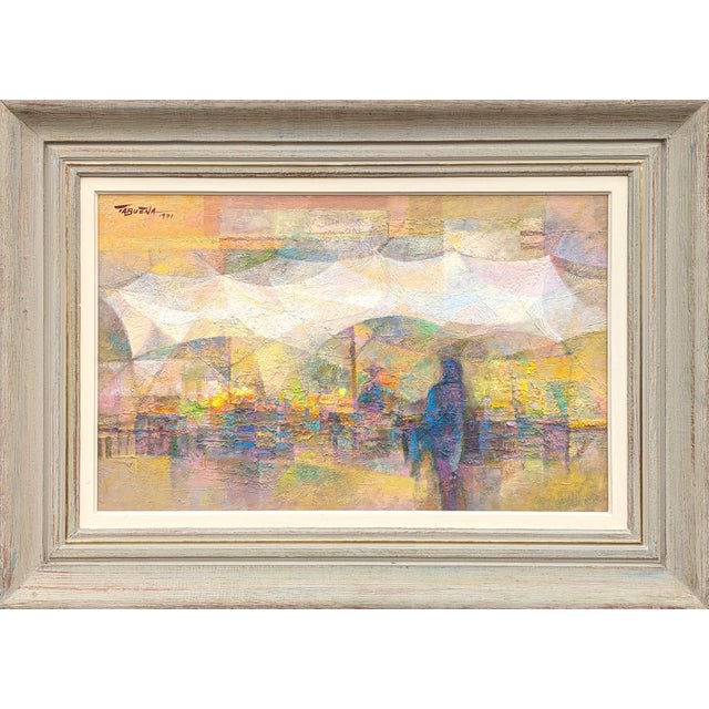 Romeo Tabuena "Market Tents" Modern Abstract Pastel Toned Cubist Style Street Scene, 1971 For Sale